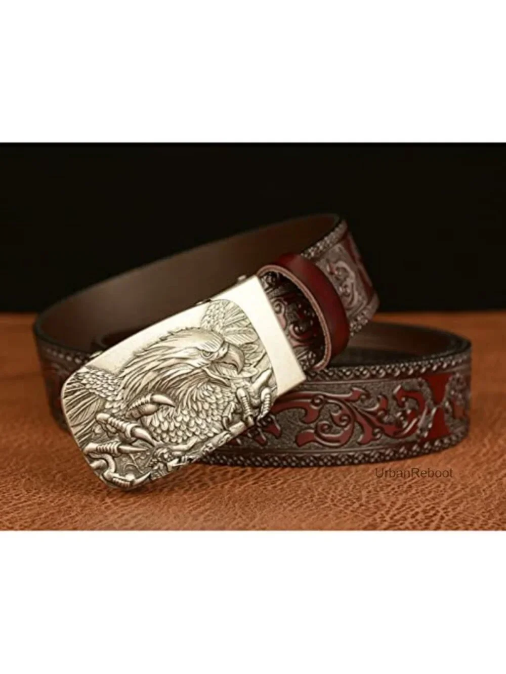 Genuine Leather Men's Ratchet Belt with 3D Eagle Sliding Buckle, Vintage